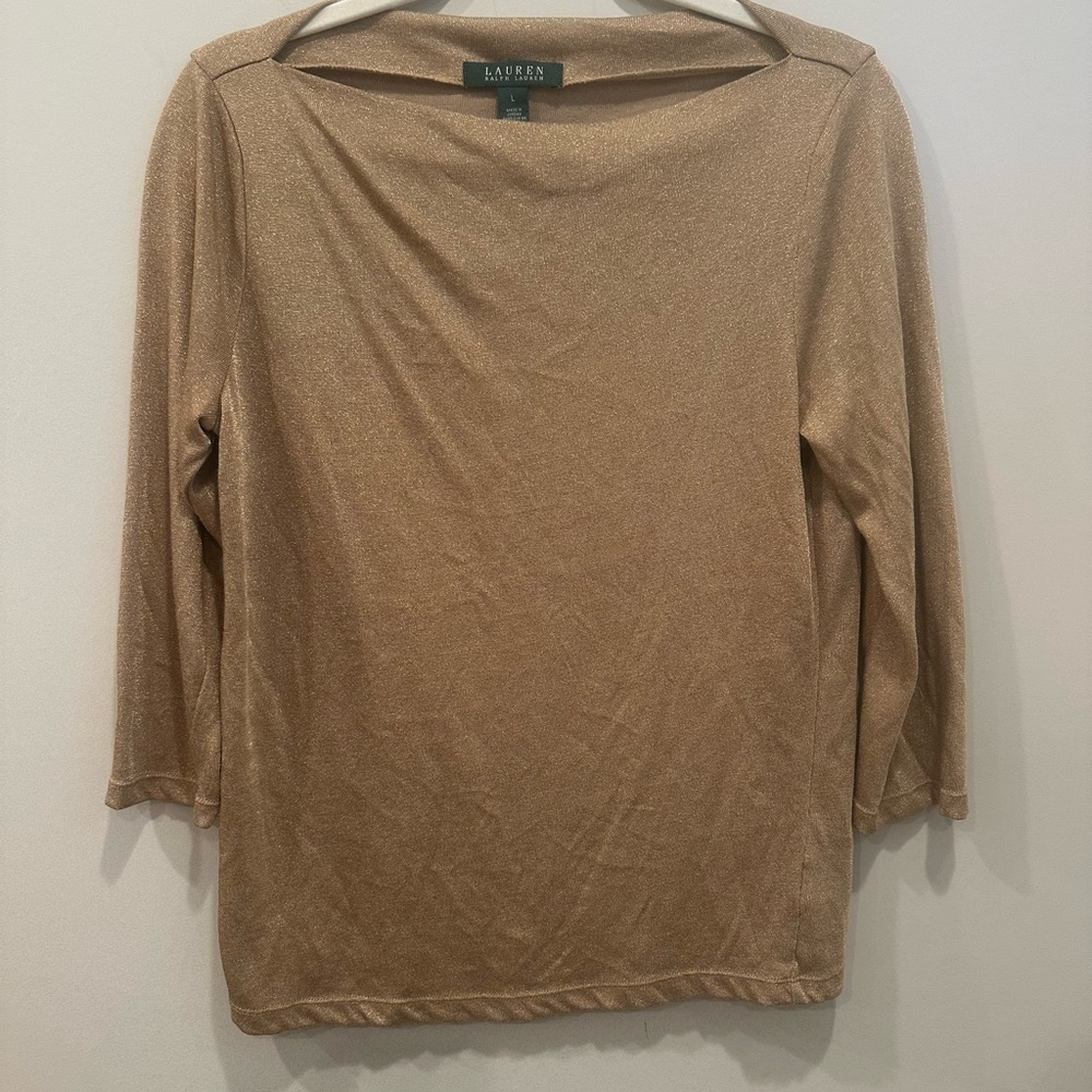 Lauren Ralph Lauren Shimmering Metallic Gold Blouse Stretchy Holidays Party Sz L - Picture 5 of 8